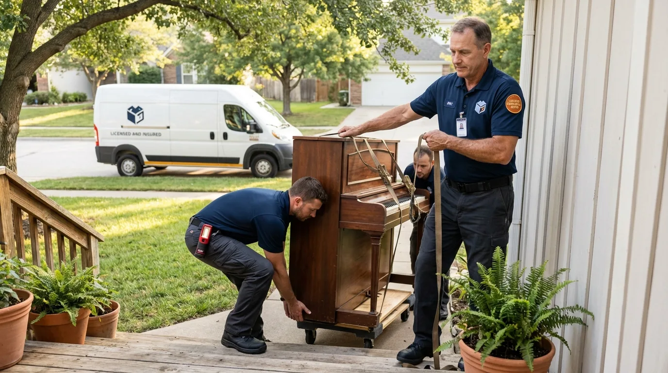 Licensed piano movers securing grand piano in Montpelier, VT