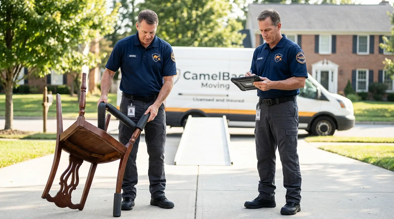 Movers inspecting furniture for damage prevention before loading in Montpelier, VT