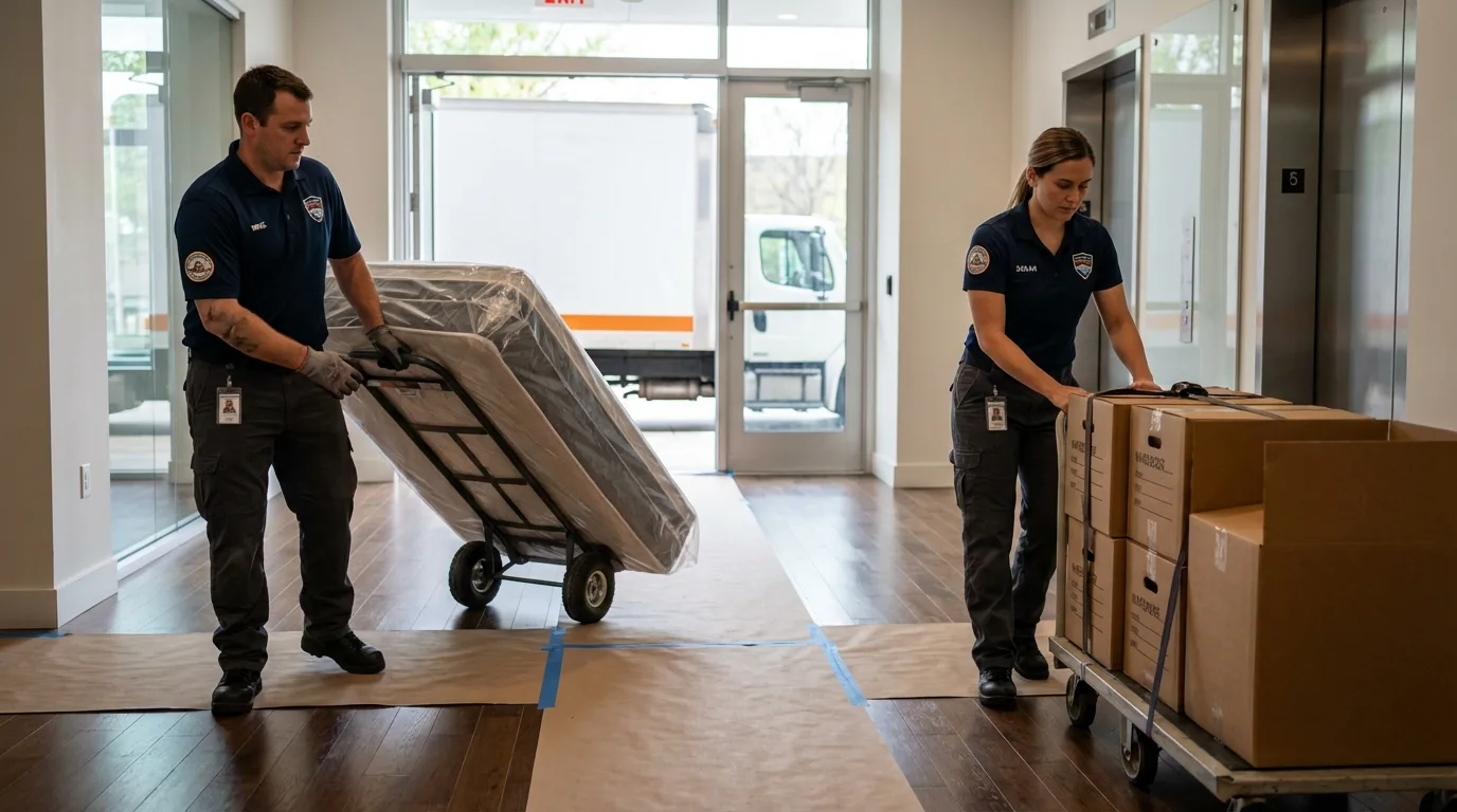 Professional apartment movers loading elevator in Montpelier, VT