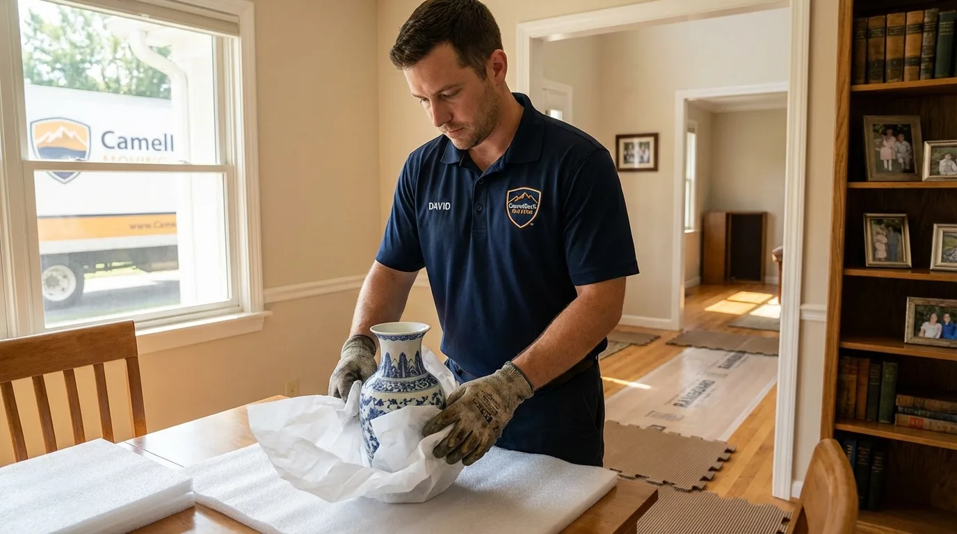 Professional crew carefully wrapping antique vase for senior downsizing move in Montpelier, VT